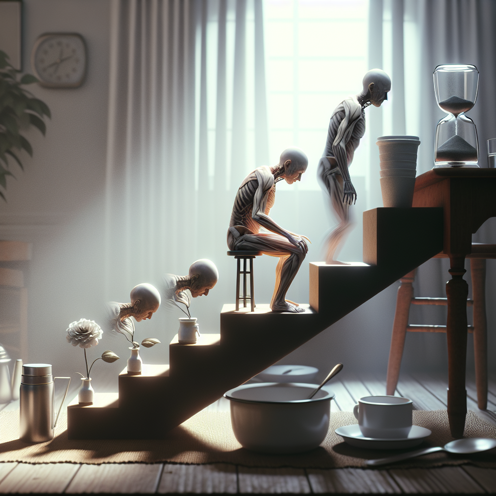 Create a high-quality, photorealistic narrative image capturing the devastating progression of a neurodegenerative disease like ALS. The scene should emphasize the gradual loss of movement, portrayed through different daily-life objects becoming increasingly harder to use. Natural lighting and soft shadows should play off these objects illustrating the deceptive silence of the disease's progression.