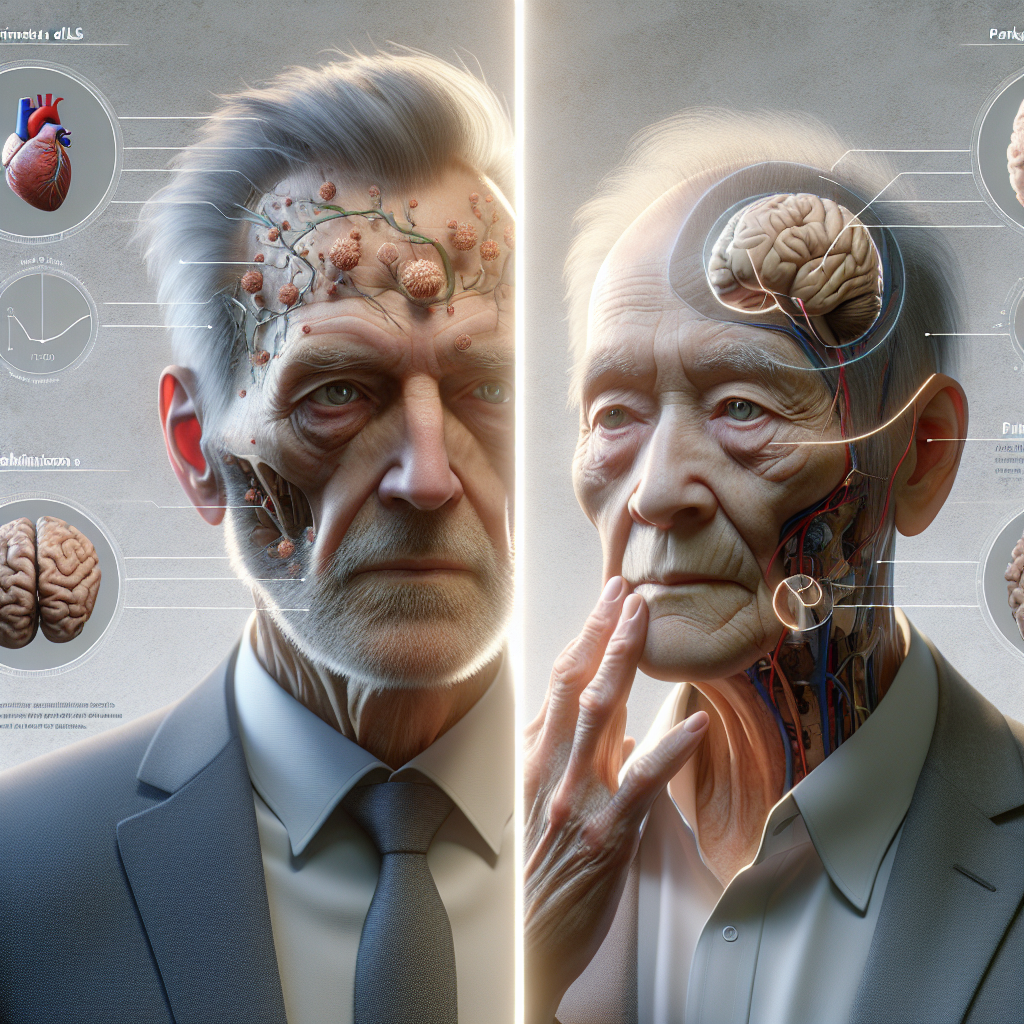 Generate a highly detailed, photorealistic image that depicts the comparison of movement disorders namely ALS and Parkinson's. The representation should include two different individuals, each depicting the respective symptoms. The person showing symptoms of ALS is an elderly Caucasian male with distinguished mannerisms while the person showing Parkinson's is a middle-aged Asian female showing typical tremor signs. Also, incorporate elements to represent the comparison in forms of infographics or charts with natural lighting and soft shadows. Please note that the image is intended to uncover the stunning truth in the comparison of these two disorders and thus, should not include any medical information.