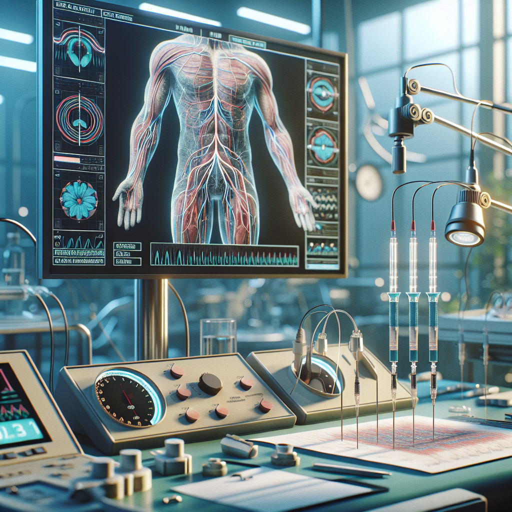 Generate a high-quality, photorealistic image that clearly exhibits a medical scenario of an Electromyography (EMG) test carried out for an Amyotrophic Lateral Sclerosis (ALS) patient. The image should focus on depicting 'needle EMG findings' and associated 'denervation patterns'. Display the equipment used in the setting and the process in rich detail, while highlighting the areas through which ALS affects the muscles. Emphasize natural lighting and soft shadows to enhance the realism of the scene.