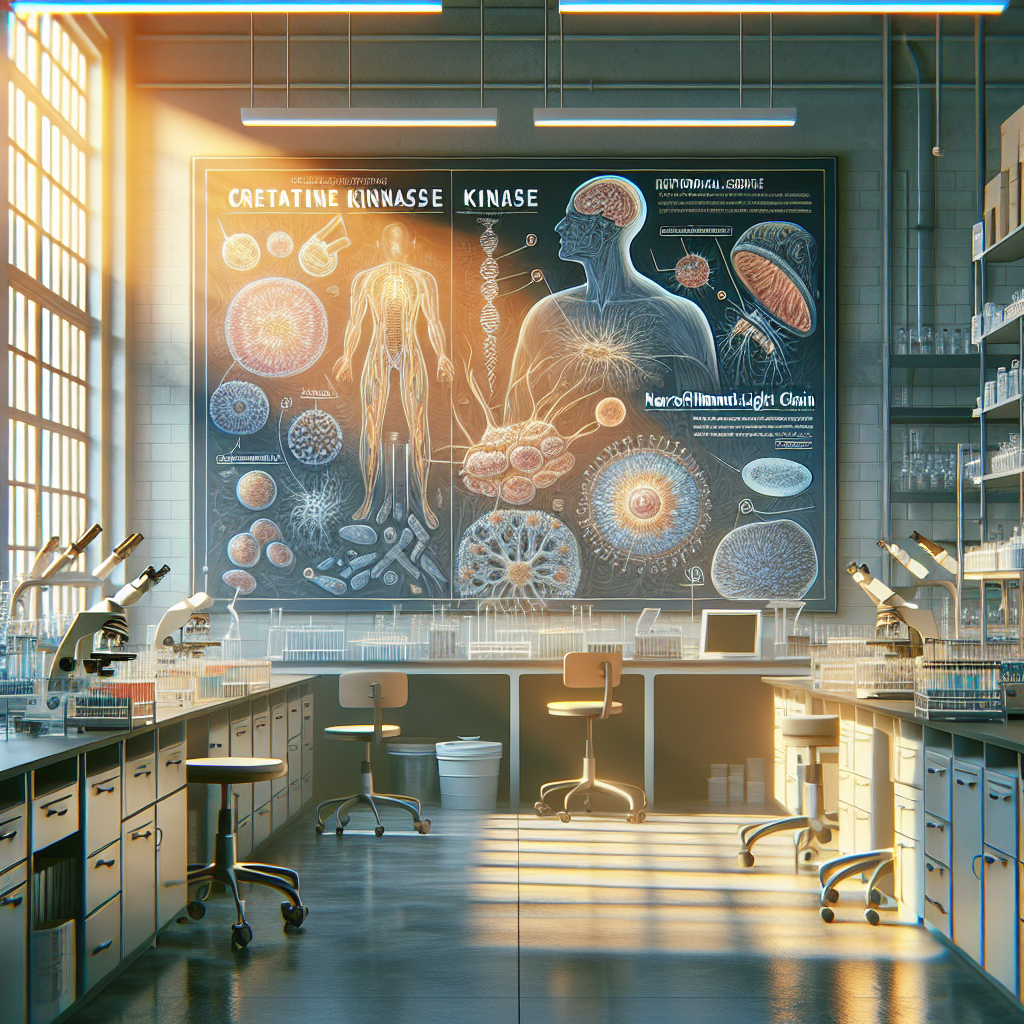 Illustrate a richly detailed scene of a laboratory setting, bathed in natural daylight filtering through large windows. The focus of the image is a visually stunning guide prominently displayed, elegantly breaking down and explaining 'Creatine Kinase' and 'Neurofilament Light Chain', two key aspects of neurological research commonly encountered in the study of ALS (Amyotrophic lateral sclerosis). Make sure to depict the guide with carefully designed illustrations and annotations in soft shadows implying depth. The lab should be filled with high-tech equipment, test tubes, microscopes, labelled specimen, etc., reflective of a modern research facility