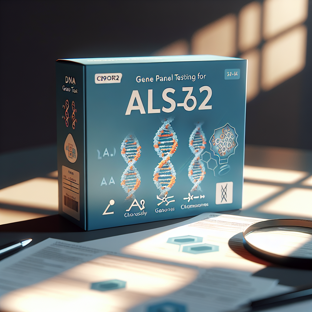 Create an image representing a gene panel testing for ALS. The DNA testing kit sits on a table lit with natural light, casting soft shadows around it. On the cover of the kit, there are symbols illustrating the powerful C9orf72 gene test. The color scheme of the package should reflect scientific integrity and the serious nature of the test. Include related symbols such as a double helix DNA strand, a magnifying glass over genes, and possibly, chromosomes.
