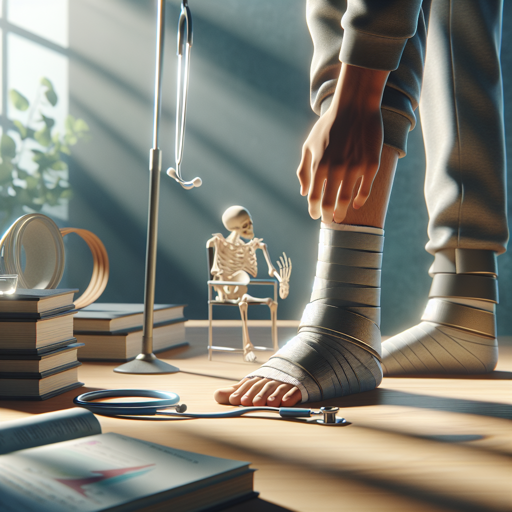 Create a high-quality, photorealistic image that depicts the initial onset of ALS. The image should illustrate 'foot drop' and 'hand weakness', key symptoms of this condition. Highlight these manifestations with natural lighting and soft shadows. Include a visual guide that provides essential knowledge about these onset symptoms. The scenario can be set in a comfortable, educational setting like a lecture or personal study room. Include objects that symbolically support these concepts such as a foot brace for foot drop and a weakened hand failing to grip an object.