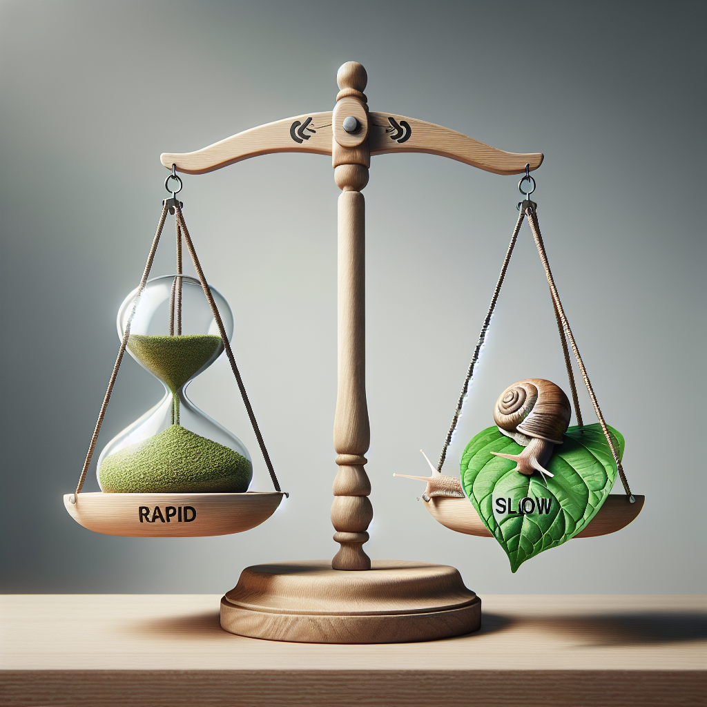 Create a photorealistic image that symbolizes the speed of ALS progression: a pair of scales is imbalanced, with one side marked 'Rapid' being heavier and sinking lower, and the other side marked 'Slow' being lighter and higher. On each side, place various symbols. For the rapid side, include a densely packed hourglass to symbolically represent time speeding up. For the slow side, show a snail moving slowly over a leaf to signify taking time. Overall, maintain an aesthetic of natural lighting with soft shadows for a realistic look.