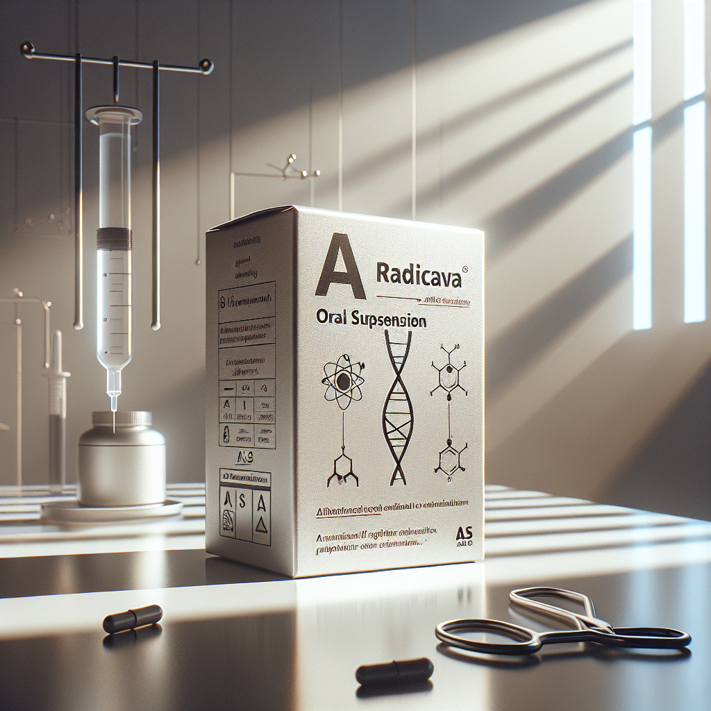 Create a high-quality and photorealistic image. The scene should depict a medical breakthrough that involves an alternative to ALS infusion, referred to as 'Radicava Oral Suspension.' Please highlight its revolutionary nature. Perhaps illustrating a packaging, adorned with suggestive scientific or medical symbols, displaying the title of the product. The setting should be professional and perhaps clinical, bathed in soft natural lighting creating gentle shadows. Close attention should be given to the lighting, textures, and shadow details to enhance realism.