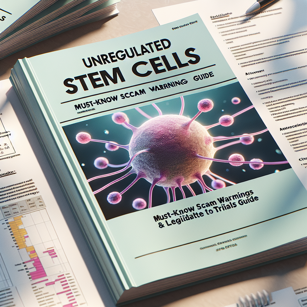 Create a photorealistic image showing a guide titled 'Unregulated Stem Cells ALS: Must-Know Scam Warnings & Legitimate Trials Guide'. The guide appears to be spread out on a table with natural lighting providing a soft shadow. The book should be opened to reveal some pages, including diagrams and headers but the text is blurry and unreadable. Include elements typically associated with a legitimate guide like a chart of medical symbols, an index page, and pictures of microscopic stem cells. The color scheme of the cover should be a calming pastel palette.