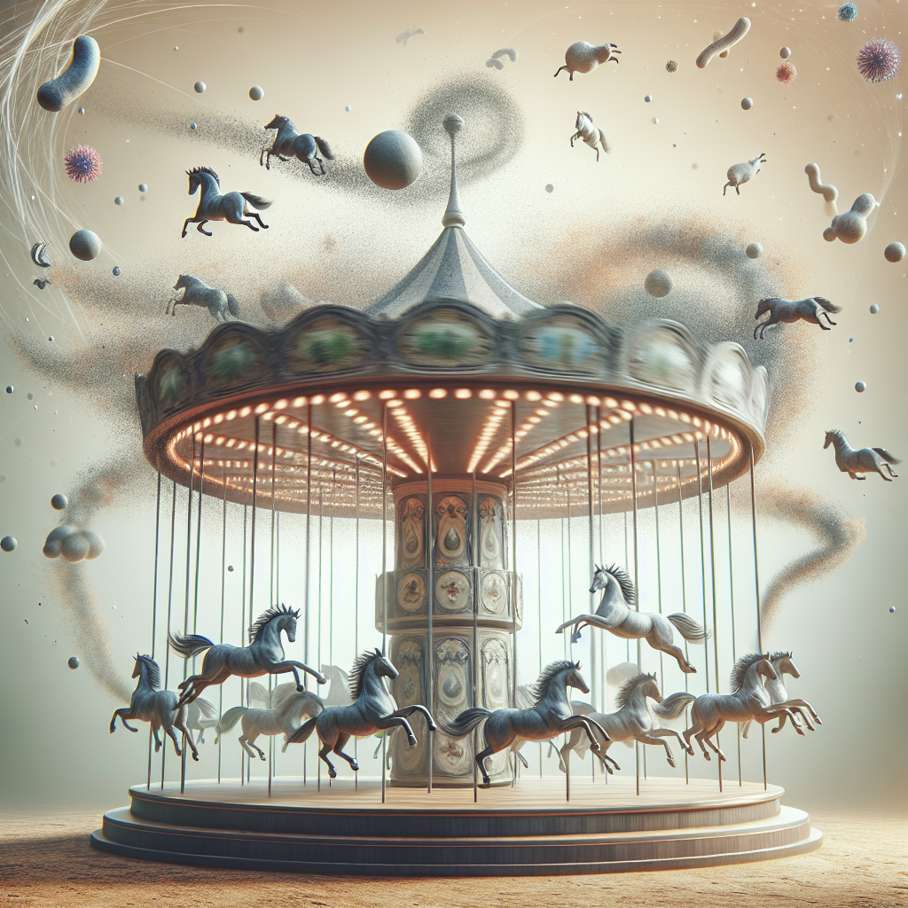 Imagine a high-quality, photorealistic conceptual image that allegorically represents hypermetabolism associated with ALS. Visualize this concept as a fast-moving symbolic carousel, each horse representing an aspect of metabolism. The carousel spins rapidly, symbolizing rapid weight loss. The surrounding environment should be filled with soft shadows and illuminated with natural light to create emphasis. Please don't include any human figures in this representation.