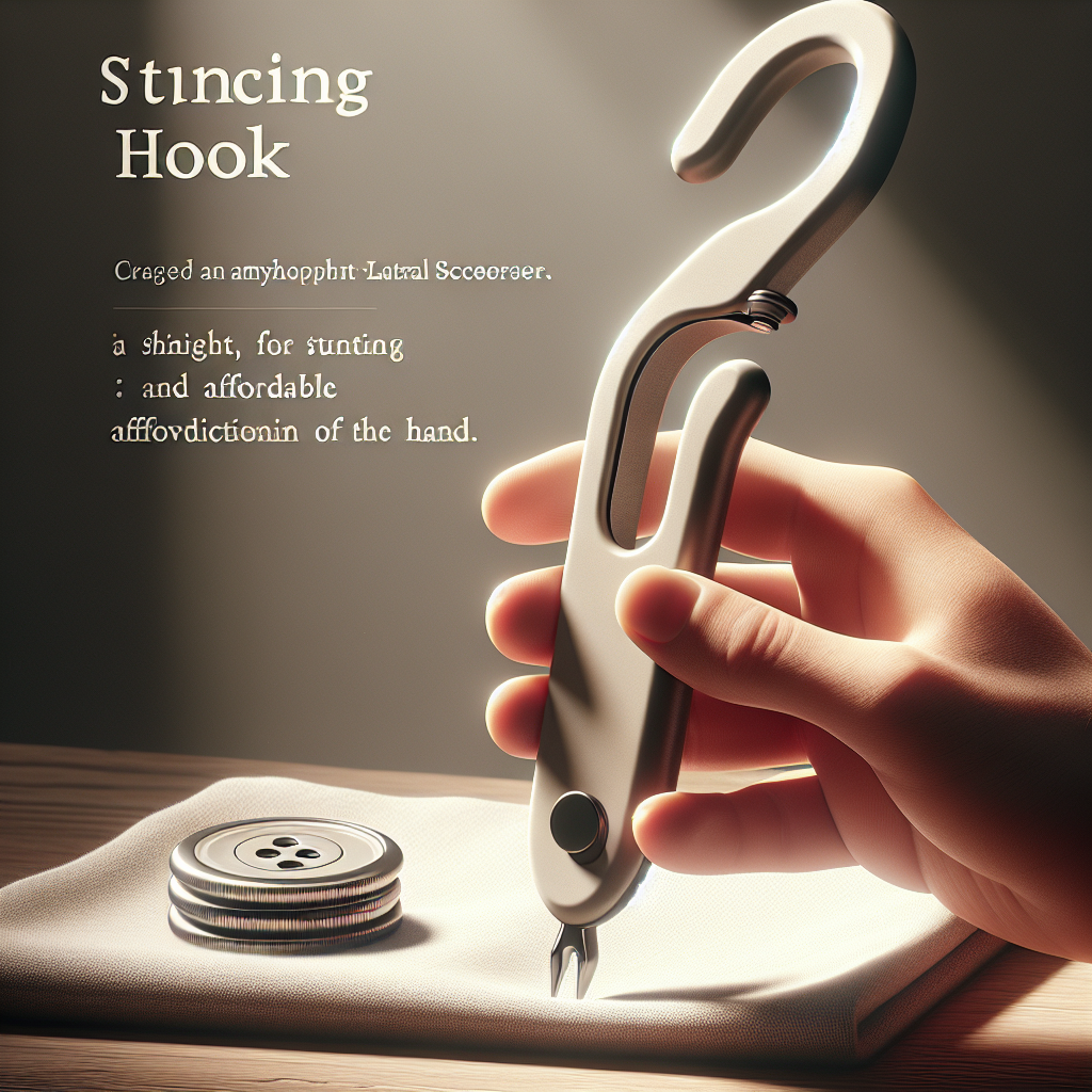 Create a photorealistic image of a button hook tool, designed for individuals with ALS (Amyotrophic Lateral Sclerosis). The tool should be showcased as stunning and affordable, that allows effortless functioning of the hand. The setting should have natural lighting, casting soft shadows on the scene, emphasizing the tool's features and how it benefits the user.