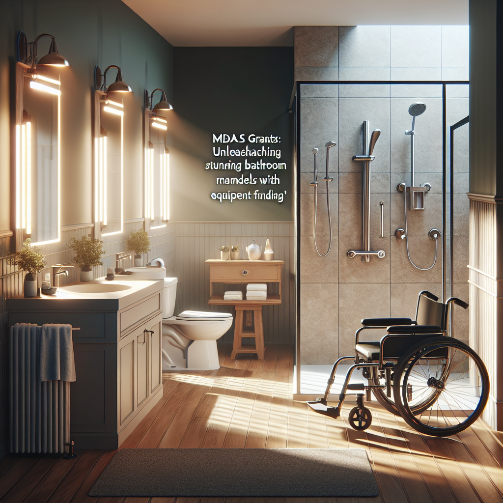 Create a visually stunning image of a beautifully remodeled bathroom, that showcases an inclusive design. Display an array of various disability-friendly equipment such as a wheelchair accessible sink, shower seat, and support bars, all funded by MDA ALS Grants. Let these fixtures be dramatically highlighted with natural lighting and soft shadows, creating an environment that not only prioritizes functionality, but also aesthetic appeal. Accompany this scene with accompanying text saying 'MDA ALS Grants: Unleashing stunning bathroom remodels with equipment funding'.
