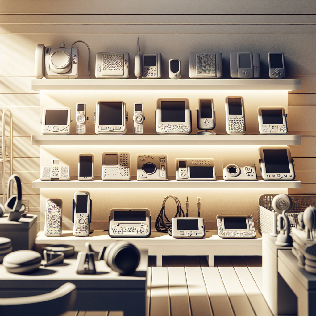 Design an image showcasing a variety of high-tech communication devices, arranged on shelves in an inviting and well-lit space. The devices are borrowed from a program that provides support for those with ALS. The room is bathed in an all-natural light that casts soft shadows, creating a calm and welcoming atmosphere. The scene portrays the spirit of collective aid and solidarity, supporting people with this neurological disease in their daily lives.