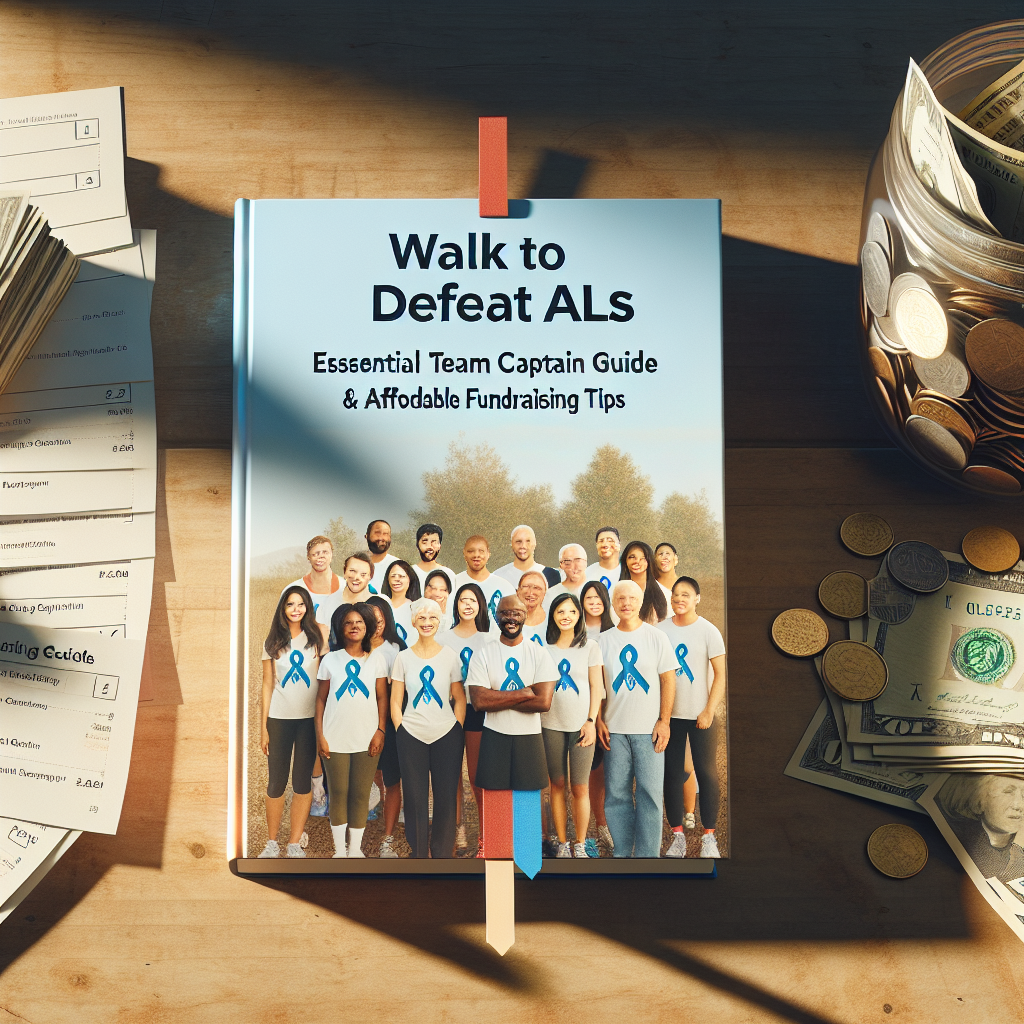 Create a high-quality, photorealistic image using natural lighting and soft shadows that brings to life a guide book entitled 'Walk to Defeat ALS: Essential Team Captain Guide & Affordable Fundraising Tips'. The guide book should sit on a gently worn wooden table, the cover of the book showing a diverse group of people of various descents like Caucasian, Middle-Eastern, Hispanic, Black, South Asian, with some of them as team captains. Also, have a jar filled with coins and bills symbolizing fundraising efforts, along with bookmarks sticking out from various points on the book signifying important info, all under a soft morning sunlight.