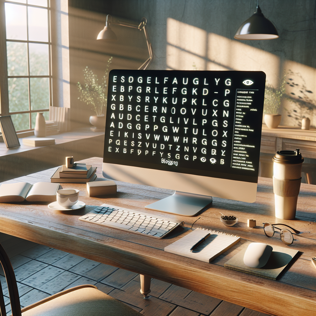 Generate a realistic, high quality image showcasing a setting for emotional eye-gaze blogging as an essential guide for individuals with ALS. The scene should feature natural lighting and soft shadows, creating a calm and inviting atmosphere. Depict one main element - computer screen with eye-tracking technology, letters appearing on the screen, driven by eye-gaze. Integrate elements around the computer to reflect the blogging process - keyboard, mouse, coffee cup, notepad and pen - arranging them neatly on an exposed wooden table. The viewpoint should be from the perspective of the blogger, placing the viewer as if seated behind the table, ready to blog. Add in a window as a backdrop to the table, letting in warm natural light that casts soft shadows across the scene.