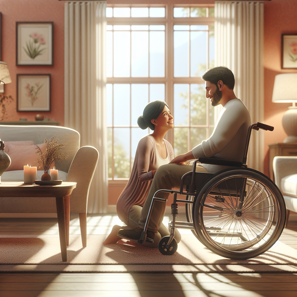 Create a photorealistic image illustrating the concept of finding love with ALS. The scene is set in a cozy living room with soft furnishings and warm, welcoming colors. The image should depict two individuals; one is a South Asian male in his early 40s, using a wheelchair due the progression of ALS. Despite this, his positivity and resilience shine through his bright smile. The other individual in the scene should be a Hispanic female in her late 30s, exuding warmth, kindness, and patience as she looks at her partner with love and admiration. The room is filled with calming natural light, casting soft shadows. This image should delicately and compellingly relate an uplifting storyline of inspiring romantic relationships after an ALS diagnosis.