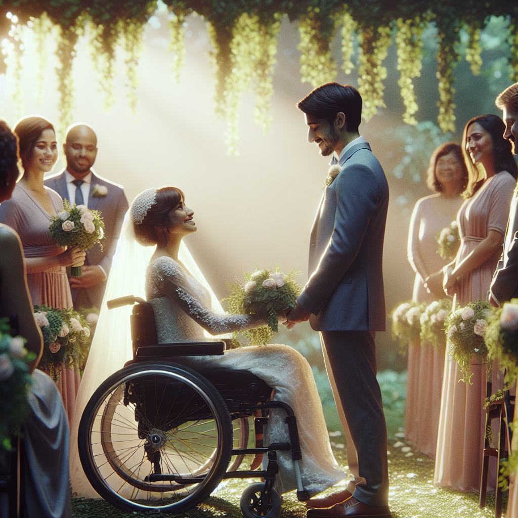 Imagine a heartwarming scene of a wedding ceremony where the couple has overcome physical disabilities associated with ALS. The setting is outdoors under a canopy of verdant trees. The bride, of Hispanic descent, is in a beautifully adapted wheelchair, radiating joy as she shares vows with her South Asian groom, who stands stalwartly beside her. There are soft shadows cast by the natural light weaving through the leaves. Friends and family, of varied descents and genders, watch on with damp eyes and smiles, emotions palpable. This is their day of love and communion, a testament to their unbreakable bond.