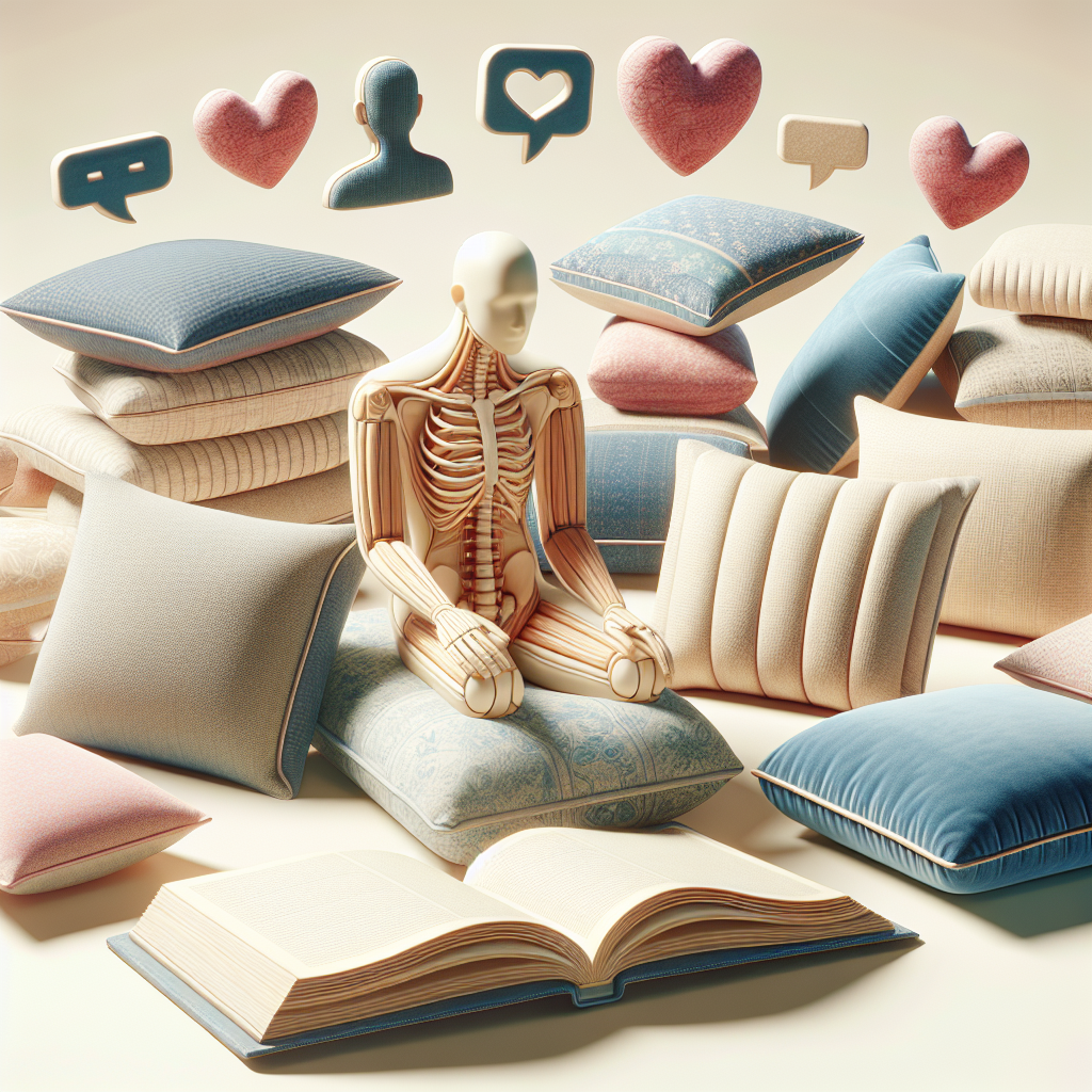 Generate a high-quality, photorealistic image with natural lighting and soft shadows that depict a variety of exemplary positioning pillows designed for patients with ALS (Amyotrophic Lateral Sclerosis). Arrange these pillows in different styles and setups to suggest various positioning alternatives. Add a symbolic representation of relational advice in the form of an opened book with heart and chat symbols floating around it.
