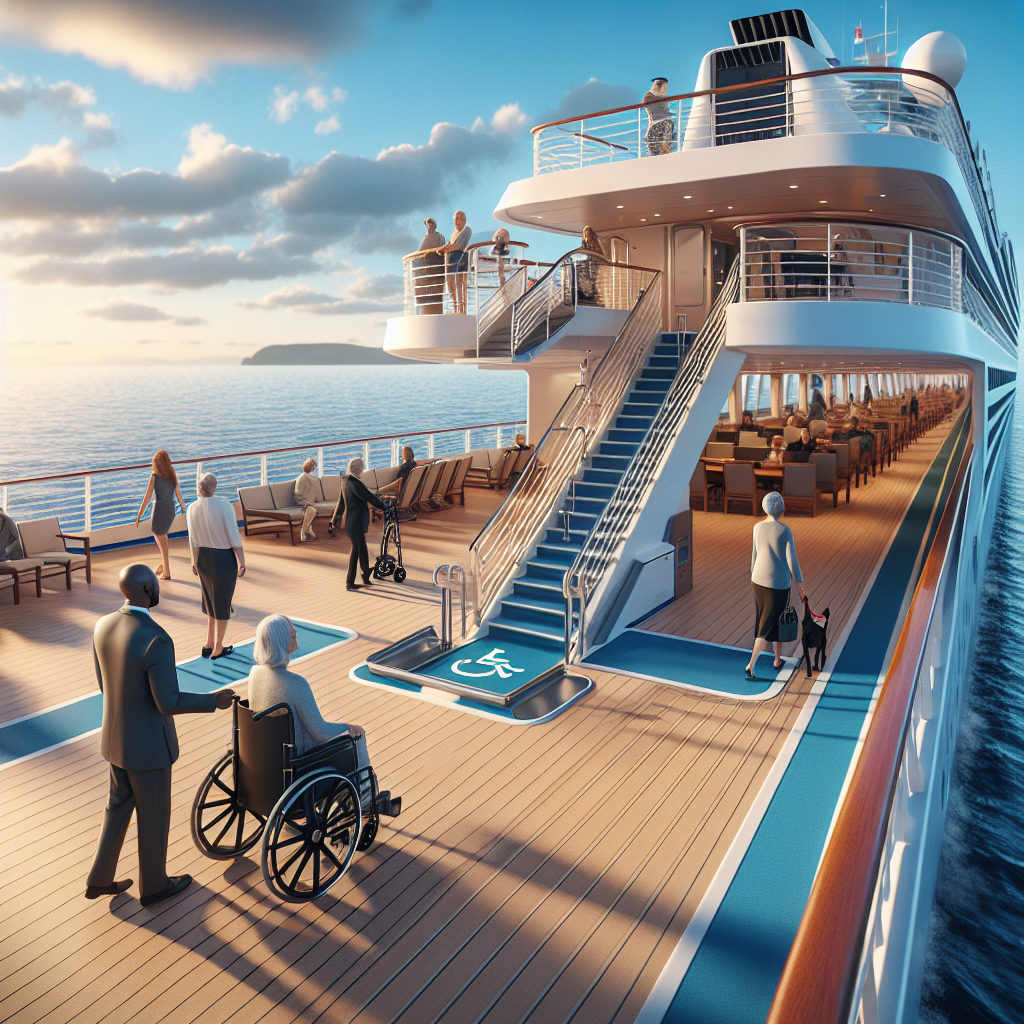 Generate a photorealistic image illustrating a scene of accessible cruising. Picture a cruise ship in the middle of a calm blue sea, under a clear sky. On the deck, there are design features to assist people with diverse abilities. For instance, a wheelchair ramp leading to the observation deck, handrails along walkways, and a lift for easy accessibility. Include several passengers enjoying the sailing experience. Among them, depict a South Asian man in a wheelchair, a black woman using a walker, a Hispanic man with an oxygen tank, and a Middle-Eastern woman guiding a service dog. The overall ambiance should reflect a sense of stunning, effortless sailing with soft shadows and natural lighting.