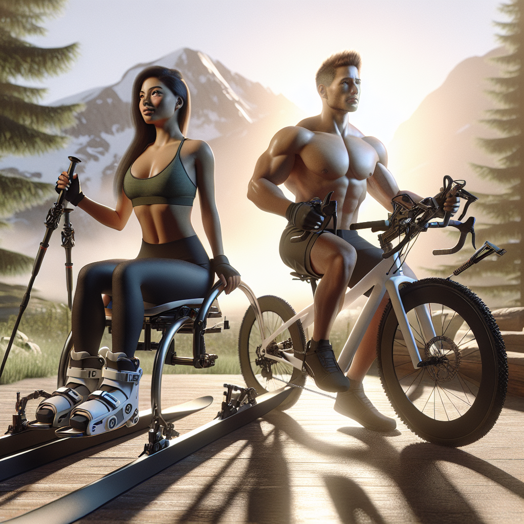Visualize a high-quality, photorealistic image showcasing a recreational therapy scene set outdoors. Display a well-lit environment filled with natural sunlight and soft shadows. Depict two individuals - a Hispanic woman with an athletic build and an Asian man with muscular physique, equipped with sports gear suitable for adaptive adventures. Highlight a Sit Ski and a Handcycle, being used by the individuals, against the backdrop of serene nature. Both the athletic equipment and the subjects should embody the spirit of stunning adventures and the possibilities they unfold within the realm of recreation therapy.