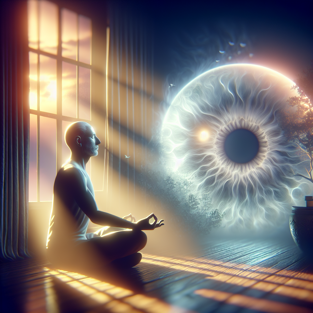 An image illustrating a soothing guided meditation session, with special focus on an 'eye-gaze' activity. The scene is gently illuminated by natural light, casting soft shadows around. An individual is seated in a meditative posture, eyes closed in deep relaxation, focusing mindfully on their breath. An aura of calm and tranquility pervades the room. In the background, soft hues of a serene setting sun diffuse through a window, hinting at an ambiance of peaceful twilight. The mood suggests a therapeutic approach towards providing relief to those combating ALS.