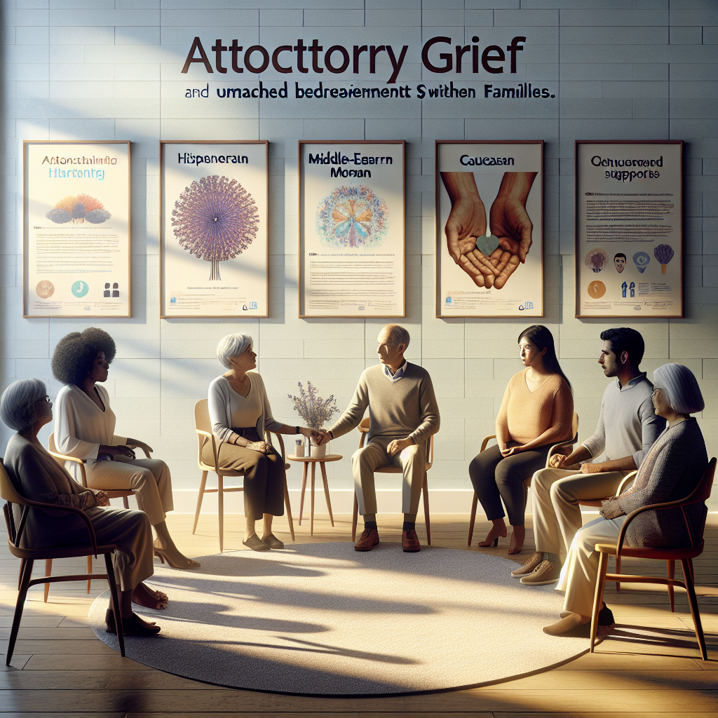 A serene setting portraying the concept of anticipatory grief and unmatched bereavement support within ALS families. The room is filled with soft natural light, casting gentle shadows. A wall displays informational posters about ALS and support resources. An inviting circle of comfortable chairs occupies the centre of the room. A diverse group of individuals, an African American woman, Hispanic man, Middle-Eastern woman, Caucasian man, and a South Asian woman are engaged in conversation, reflecting a sense of unity and support. Each of them holding hands, their faces filled with empathy and understanding.