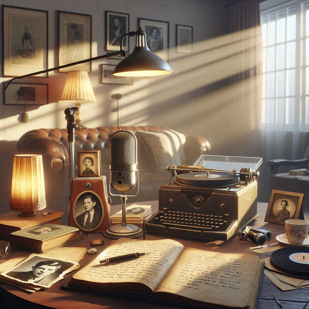 Visualize a photorealistic scene involving the process of creating a personalized, meaningful life story recording. There's a comfortable setting with natural light streaming in, creating soft shadows. The room includes personal elements: an open book with handwritten notes, old photographs, a nostalgic record player spinning classical music, and a warmly glowing table lamp. There are several recording tools: a microphone, a vintage typewriter, and a digital recorder. All these objects represent an effort to capture the essence of one's life journey, creating juxtaposition between traditional and modern methods of storytelling.