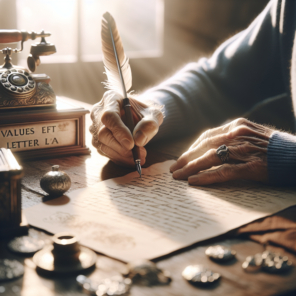 Create a high-quality, photorealistic image that showcases a heartwarming scene of emotional legacy. In the scene, under the soft glow of natural lighting and soft shadows, we see a cherished older person at a wooden desk, preparing to hand write a letter. They have a quill pen in their hand and we see beautiful, handwritten words on a paper. The room is filled with heart-touching sentimental mementos that tell us about the fascinating life journey of the grandparent. Close beside the grandparent's hand is a header on the paper, it reads 'Values Letter ALS' hinting at the power of emotional legacy being passed on to the grandchildren.