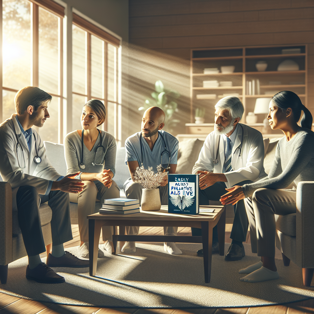 Visualize an compassionate environment focused on health and comfort. The scene unfolds in a tranquil living room with soft natural lighting flowing through the windows casting gentle shadows. A dedicated team of medical professionals of varying descents and genders are engaged in a discussion about symptom management. They are composed of a male Caucasian doctor, a female Hispanic nurse, a Middle-Eastern male physiotherapist, and a South Asian female nutritionist. There's a book on the coffee table titled 'Early Palliative ALS: Unleash Your Best Life' symbolizing their focus on the well-being of patients with ALS. The mood is calm, caring, and full of determination to provide the best care.