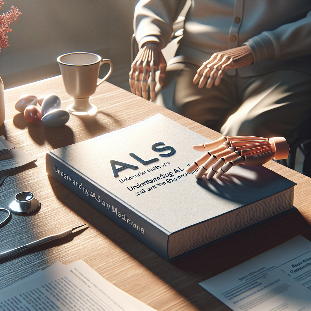 An image that's professionally crafted and photorealistic, set in a calm environment indicative of a hospice. It should reflect an educational guide focused on understanding ALS in relation to medicare and the six-month prognosis. The scene should consist of literature like pamphlets and books related to the topic placed neatly on a wooden desk, side-lit by a natural lighting source creating soft shadows. Visual elements that symbolize hope and care, such as a gentle hand on an open book and comforting colors, should also be included to communicate the feeling of support and understanding.