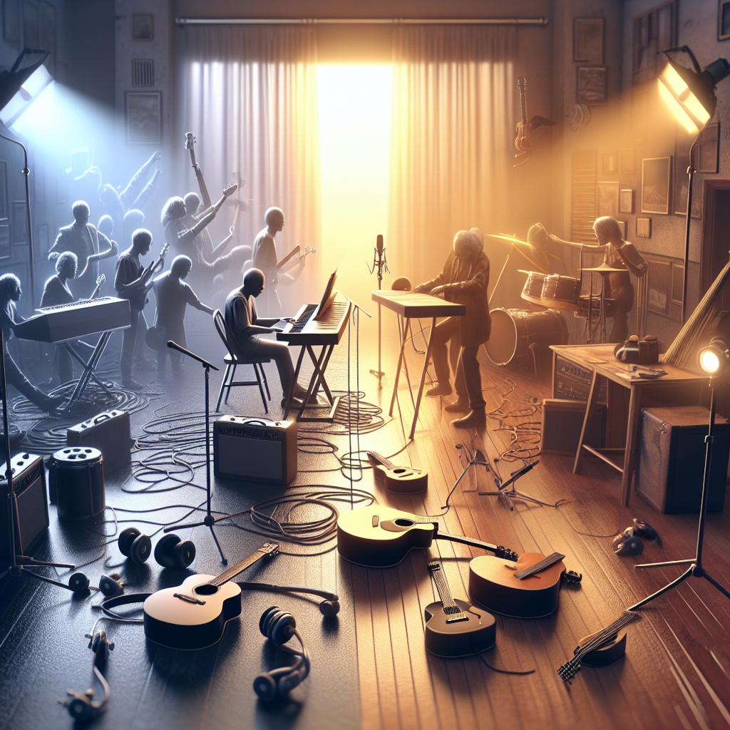 An emotional composition featuring a photorealistic scene using natural lighting and soft shadows. It showcases the journey of fictional musicians and actors, conveying the struggles of a neurodegenerative disease like ALS, and yet, their indomitable spirit to create art. The setting is in a music studio with instruments strewn about, and a film set with props reflecting their extensive career. This symbolism represents the contribution of these brave individuals to the fields of music and acting.