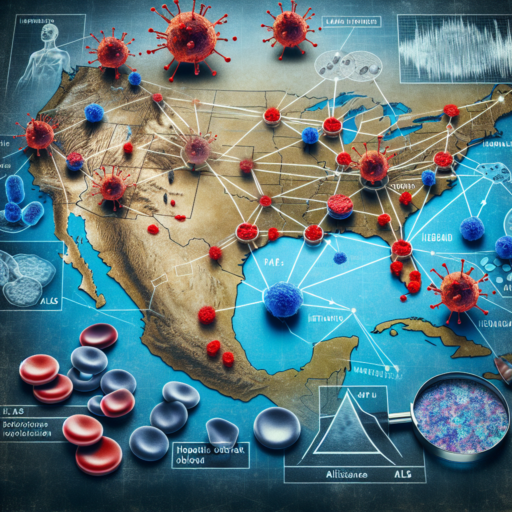 An interpretative image illustrating the alarming link between a hepatitis outbreak and incidences of ALS, believed to be connected to a water source. Picture a map strewn with red markings that denote ALS hotspots, while blue droplets symbolize tainted water sources. Surrounding this, show traceable lines connecting the two, indicating the connection under investigation. Add a backdrop where we see microscopic views of both hepatitis and ALS cells, further indicating the link between them. Remember, the image should convey a sense of urgency and alarm, yet maintain an academic touch being related to scientific research.