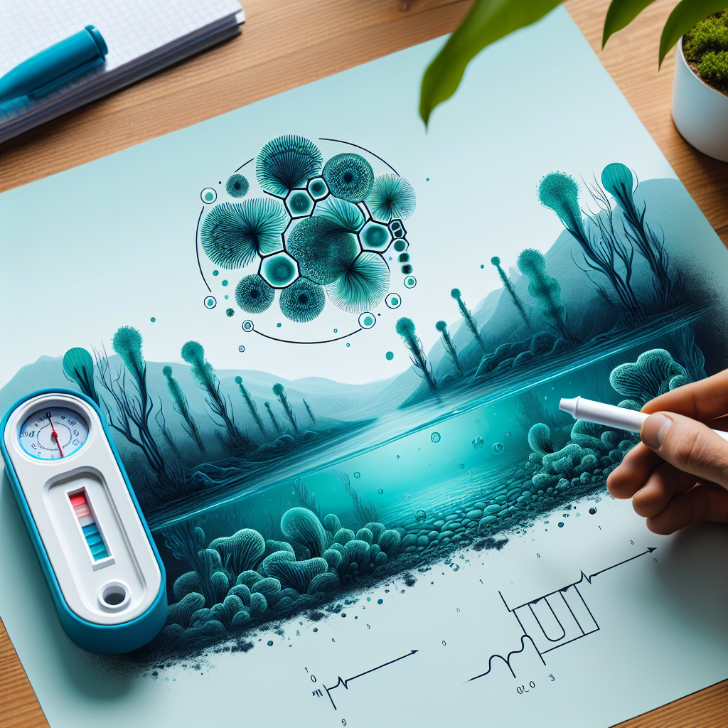 Create an imagery illustrating the concept of blue-green algae as a potential danger for ALS. Show the algae blooming in a pond, highlighted in a visually striking blue-green color. Near the pond, outline a simple water testing kit, symbolizing the effortless water quality testing mentioned in the article. There should be a sense of caution in the image, representing the disease risk associated with this type of algae. Ensure the scientific character of the image is maintained, with the testing kit looking realistic and detailed.