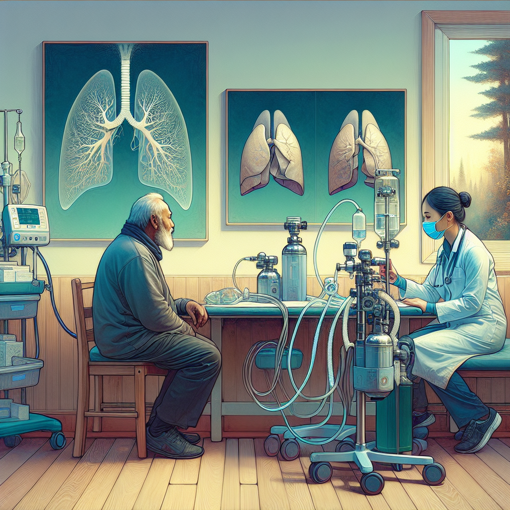 A lyrical, detail-rich illustration of a medical setting. An empathetic, Middle Eastern healthcare professional in a lab coat is discussing breathing support options with a receptive Asian patient. There are demonstrable equipment, like oxygen masks, portable ventilators, and medical diagrams of respiratory systems, on a nearby table. The mood is hopeful, the lighting dim yet serene, and the color palette predominantly cool blues and warm earth tones. The setting subtly exudes a sense of affordability without compromising on the visage of quality healthcare. In the background, there's a restful painting of a forest, depicting a tranquil and healing ambiance.