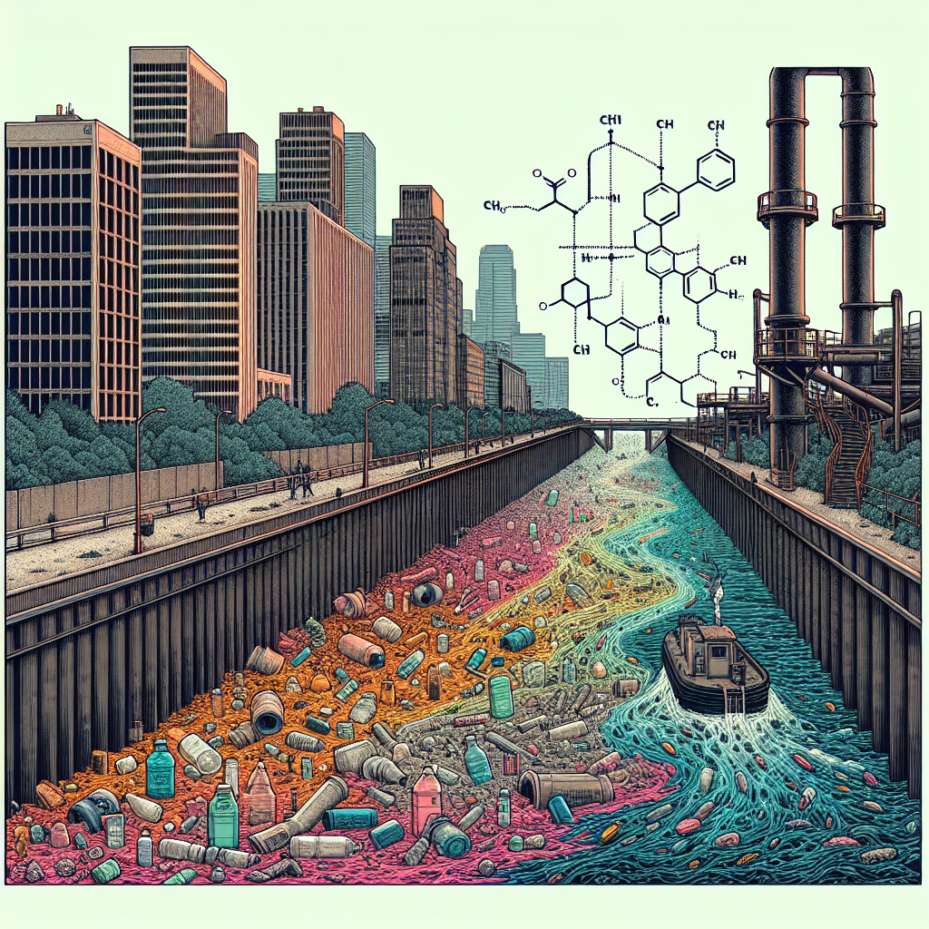 An urban landscape featuring tall concrete buildings alongside a dense network of canals. The water in the canals is filthy, filled with varied types of litter like plastic bottles and bags. On the close right side, a large industrial pipe pours a dark liquid into the waters. Above this bleak scene floats the translucent ghost-like figures of words - 'ALS (Lou Gehrig's Disease)' and chemical formulas of heavy metals, underlined by a dotted connection line, symbolizing the link between them. Color palette is muted, except for vibrant neon colors to highlight the pollutants and inscriptions.