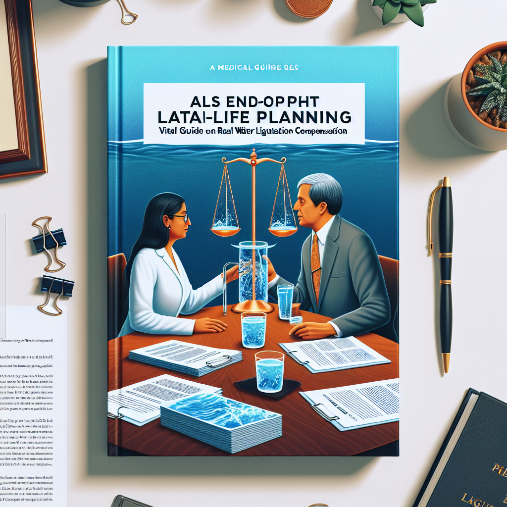 Picture a medical guide book cover about amyotrophic lateral sclerosis (ALS), focusing on end-of-life planning. The cover should feature visual metaphors of water and legal themes to symbolize 'Real Water Litigation Compensation'. Perhaps a woman of South Asian descent and a man of Caucasian descent, both in professional attire, are discussing over a table littered with legal documents and a glass of water. The title 'ALS End-of-Life Planning: Vital Guide on Real Water Litigation Compensation' is boldly written on the cover.