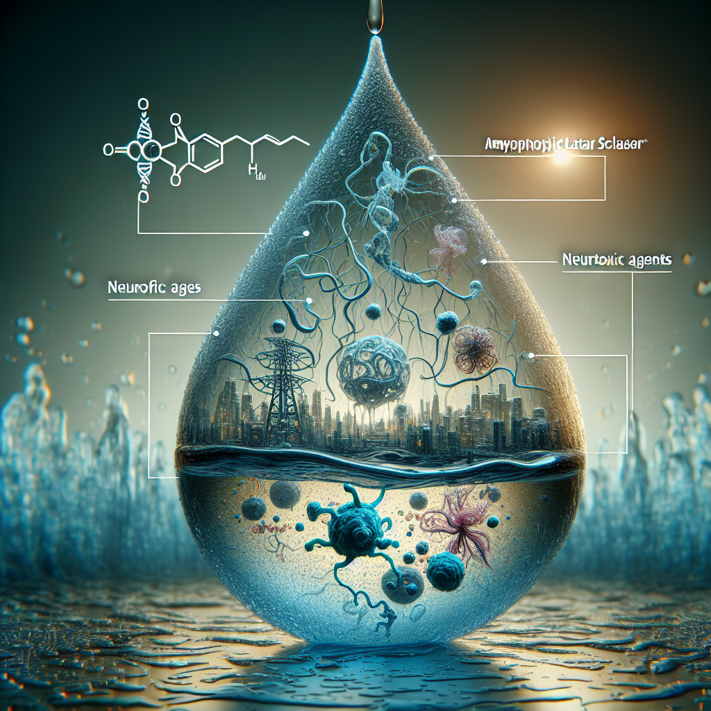 A realistic and dramatic representation of a microscopic view inside a water droplet, with symbolic references to Amyotrophic Lateral Sclerosis (ALS). Visualize the ALS protein structures tangled amidst the water molecules and other compounds. Additionally, symbolically represent neurotoxic agents shown as ominous, threatening elements within the water. In the background, subtly integrate the outlines of a water source (like a river, water tap, or a water bottle) to signify the connection of 'real water'. Use this scene to emulate the concept of the hidden risk of ALS resident in everyday water sources.