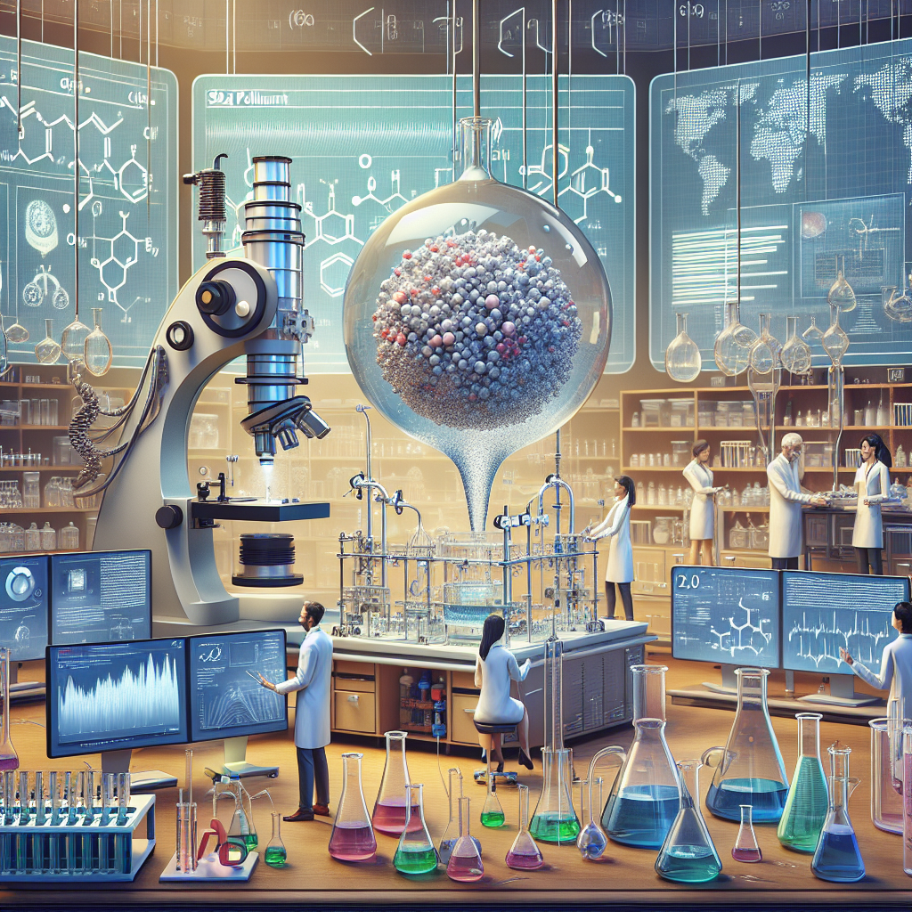 An intricate scene inside a research lab where a diverse team of scientists is immersed in ALS research. Balance the genders and descents of the scientists. In the center is a monumental microscope connected to a computer displaying a detailed 3D model of an SO2 pollutant molecule suspended in a water droplet. Illustrated charts and graphs on the lab's multimedia screen show the impacts of SO2 pollutants on environmental health. The background has shelves brimming with scientific equipment, glass beakers and flasks in various shapes, sizes and filled with different colourful chemicals.