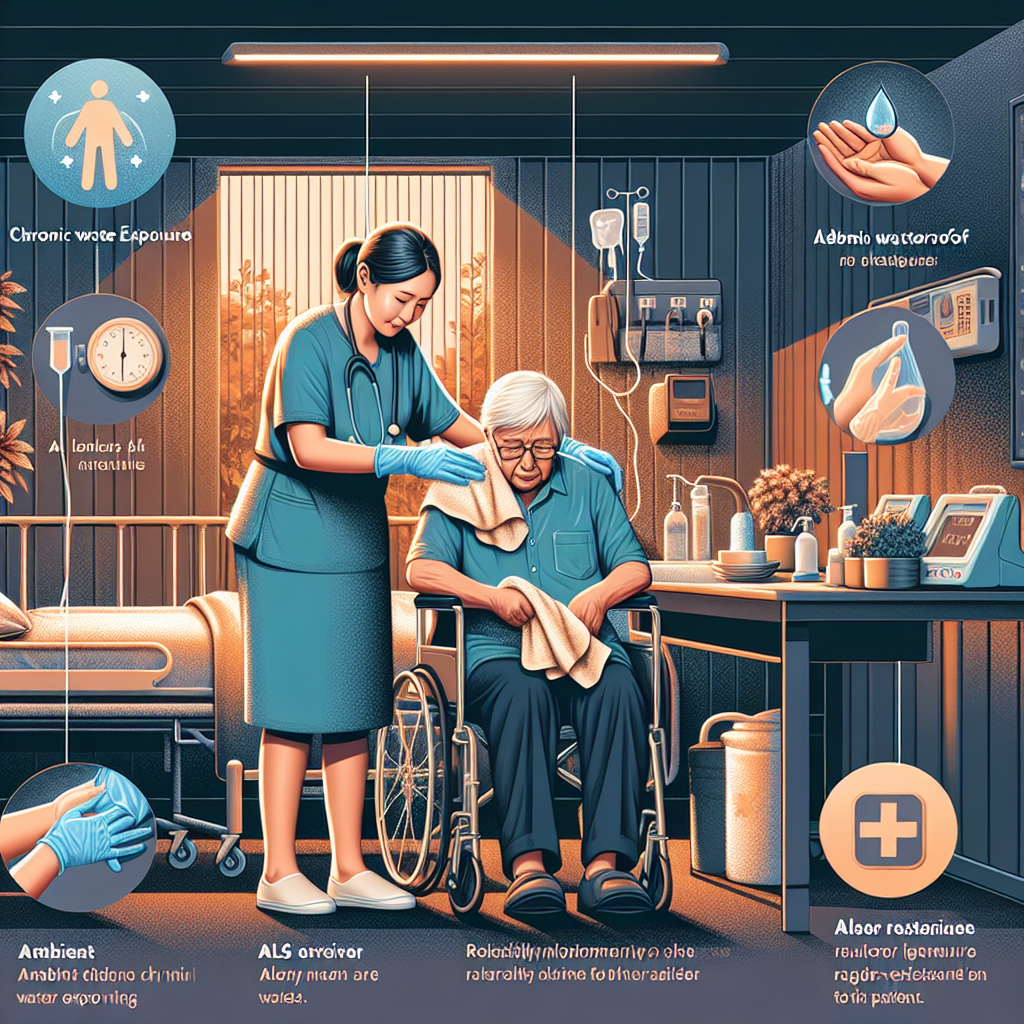 An informative and detailed image depicting ambient ALS caregiving environment for chronic water exposure. An ALS caregiver, a middle-aged Asian woman is carefully drying a patient, an elderly Caucasian man, using a soft towel. Show various waterproof measures around them such as, rubber gloves for the caregiver and water-resistant bedding for the patient. The space is warmly lit, and medical equipment suitable for ALS is visible in the background.  Balance reality and optimism in this image, to make the guide feel both necessary and empowering.