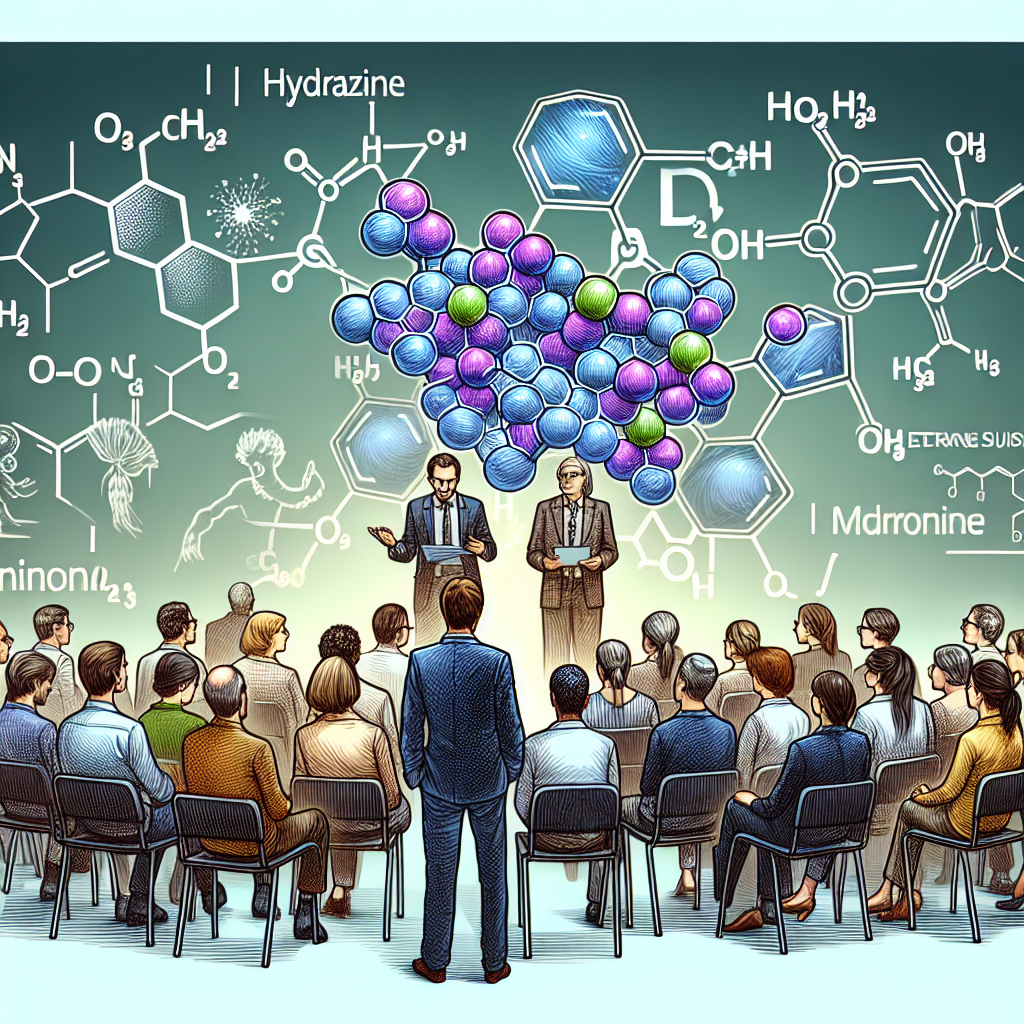 A dynamic illustrated scene featuring a large group of individuals from diverse backgrounds. These individuals are gathered in a meeting-like setting, indicative of a support group. A central figure, possibly an expert, standing in front of the diverse group is showcasing chemical structures, specifically focusing on a hydrazine molecule. There are subtle signs of caution depicted around the molecule, and the expert is seen delivering a cautionary message about toxicity risks. In the corners, small, tasteful illustrations represent nervous system disorders, such as ALS, to contextualize the poignant topic of the gathering.