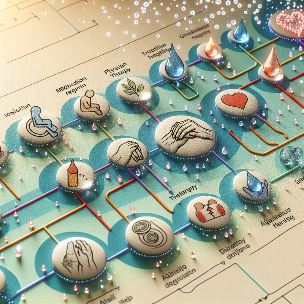 Envision a detailed timeline designed with color-coded markers in the form of droplets to represent pivotal events related to ALS caregiving and patient care. The timeline begins with the initial diagnosis, moving through key stages including medication regimen, physical therapy, dietary changes, and adaptations to daily living. Interspersed are symbols of patient-caregiver bonds, like hands held tightly and shared smiles, indicating emotional milestones. The background is soothing and calm, reminding us of the resilience and courage necessary for this journey. Also, include a gentle sprinkle of sparkling water droplets all around to signify the central theme of 'real water'.