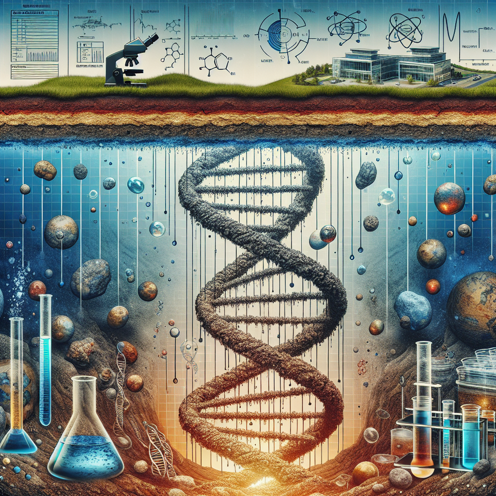 Create a striking image that encapsulates the theme of groundwater contamination and its links to health problems, specifically ALS. Picture a cross-section of terrain, with layers of soil above an underground water reserve. The water shows signs of pollutions, with toxic elements seeping from the above layers. Overlay this with a stylised double helix structure, symbolizing ALS. On one side, depict test tubes, microscopes, and other laboratory equipment illustrating the process of researching revolutionary therapies. This should convey a powerful narrative about the environmental issues and their impacts on human health, and the hope for new treatments.