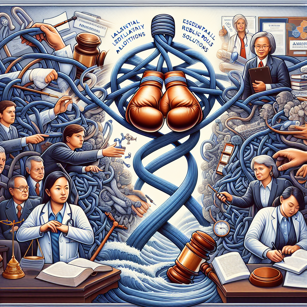 An intricate scene detailing the core concepts of an article tackling ALS, specifically pediatric ALS. The center shows an emblem of the fight against the disease: a pair of boxing gloves, symbolizing combat and resilience. Interwoven through this are images representing essential public policy solutions. These include a gavel to signify legislative action, books to imply research and education, and hands shaking to represent cooperation. Prominently, flowing water images are incorporated to signify the water solutions. Illustrate an Asian female scientist leads the charge with a clipboard, reflecting her contributions to this important cause.