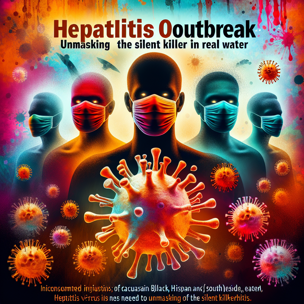Imagine an educational and vibrant image for a health article. At the center is a microscopic view of Hepatitis virus particles colored in infectious orange and deadly red shades. Emerging from the background, which represents contaminated water, are ghostly, symbolic figures representing victims. They are of varying descents such as Caucasian, Black, Hispanic, South Asian, and Middle-Eastern. Each figure needs to be unmasking to reveal their identity, depicting the unmasking of the silent killer Hepatitis. A bold title 'Hepatitis Outbreak: Unmasking the Silent Killer in Real Water' overlays the image.