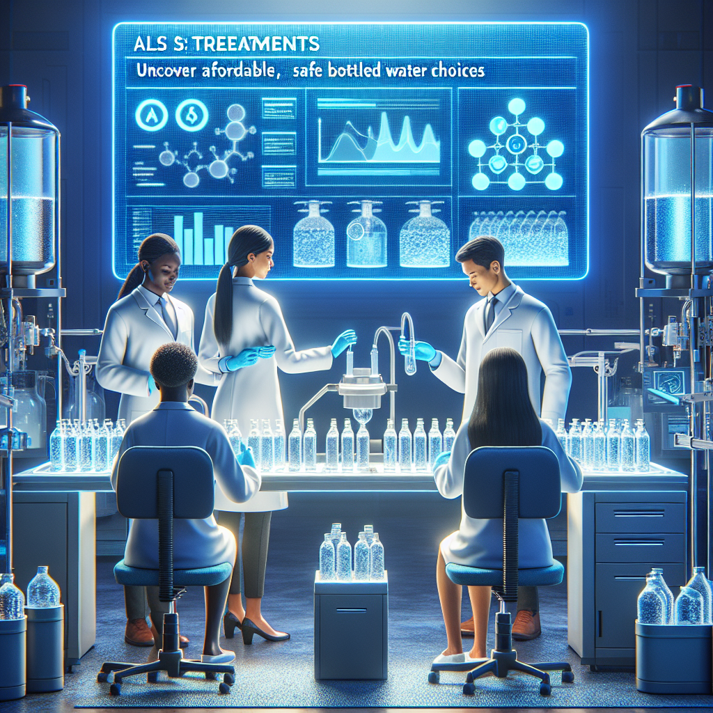 Visualize a high-quality image of a serene setting at a scientifically advanced lab. The scene includes three scientists of different descents - one Black woman, one Asian man, and a Hispanic woman, are testing the purity of bottled water under bright lights. They're surrounded by high-tech equipment and a variety of affordable and safe bottled water samples. Charts and diagrams illustrating the benefits of safe drinking water and potential impacts on ALS treatments are visible on screens in the background. Above them, the title 'ALS Treatments: Uncover Affordable, Safe Bottled Water Choices' is written in bold letters.