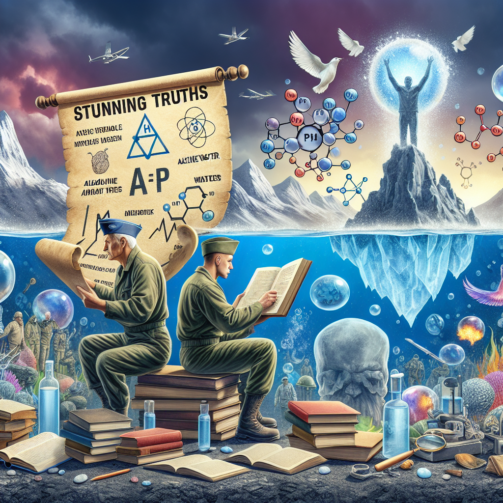 Create a dynamic conceptual image capturing the essence of an article theme. On the left, depict two veterans of unspecified gender, one of Caucasian descent, and the other of Hispanic descent, diligently studying a large ancient scroll symbolizing 'Stunning Truths'. They should be surrounded by books and scientific equipment, indicating rigorous research. In the center, include a large shattering myth bubble full of misleading 'Alkaline Water Myths', symbolized by illustrations of pH scale and water molecules. To the right, introduce an unveiled statue of 'Risk Factors', a massive iceberg with visible and submerged portions, indicating known and unknown factors.