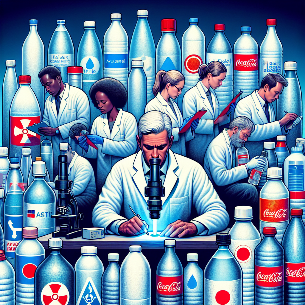 A detailed image representing an article about water proximity studies. The primary focus of the image should be the depiction of scientists, of multiethnic and gender-diverse backgrounds, meticulously conducting water tests. One of them could be seen using an Advanced Light Source (ALS) for evaluation. Surround them with a variety of water bottle brands, subtly arranged to avoid recognizable trademarks. Some bottles have a red cross on them, signifying 'recall' or 'avoidance'. The atmosphere should convey seriousness and a sense of responsibility towards providing safe and clean water.