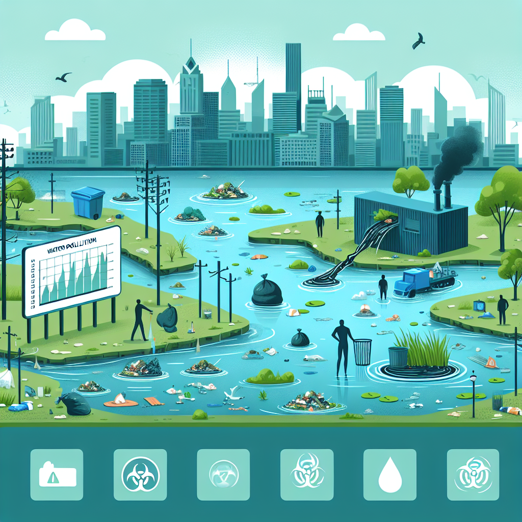 Illustrate an urban scene showing polluted water bodies. Showcase different elements associated with water pollution, like waste being dumped into water, murky water with floating debris, and oil spills. Include scenes suggesting non-viral hepatitis, for instance, a figure experiencing fatigue near the polluted water body. Also incorporate a visual indicator of ALS rates, perhaps in the form of urgent alerts on a nearby billboard or digital screens, symbolizing the alarming situation. Create balance by showing part of the city with green initiatives for contrast and propose hints of potential solutions to water pollution.
