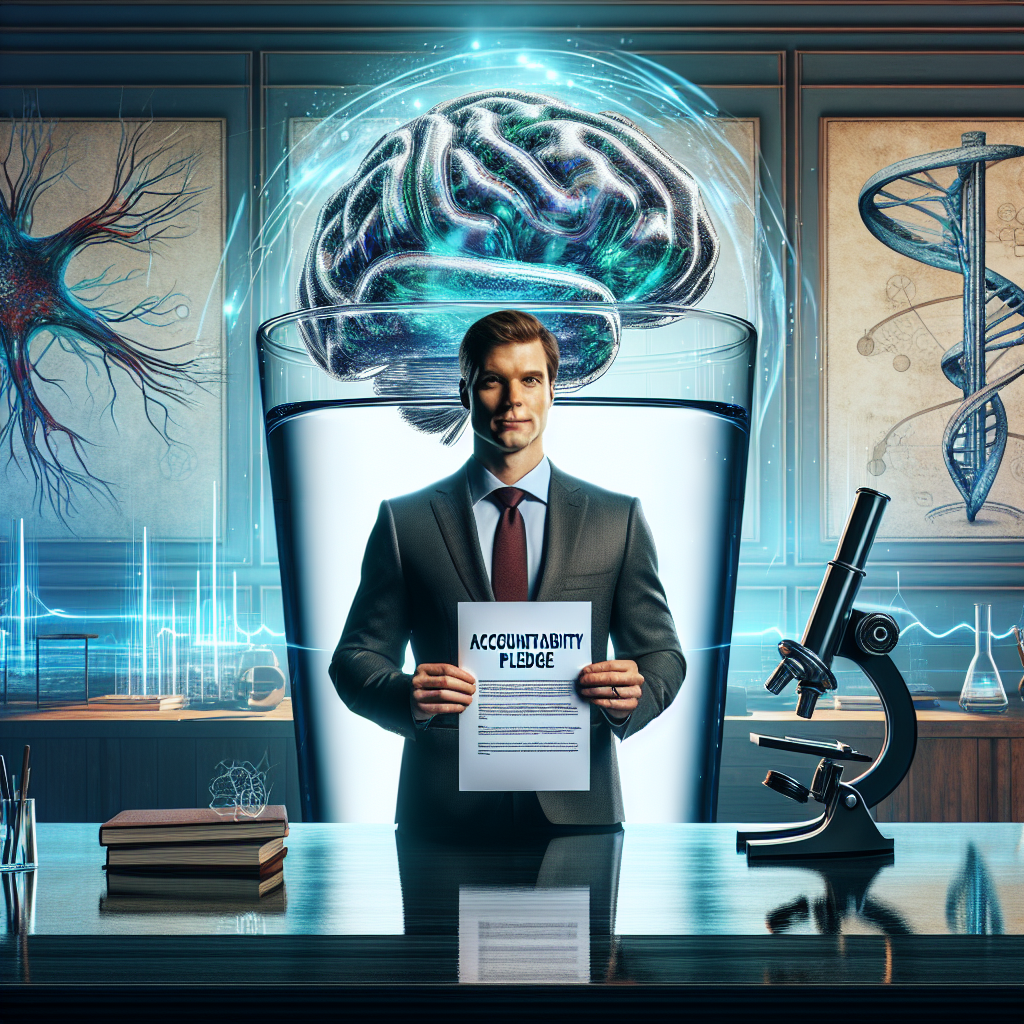 A dynamic image representing corporate responsibility, showing a generic CEO of a water company, Caucasian man, standing behind a desk. In his hands, he holds a document titled 'Accountability Pledge'. In the background around him, the room's walls depict water-themed art. At the side, there's an intentionally oversize glass of pristine water signifying the core product of the business. Alongside it is a symbol, a microscope depicting scientific research and a graphical representation of a neuron symbolizing ALS research. The atmosphere is hopeful as if pointing towards a significant breakthrough.