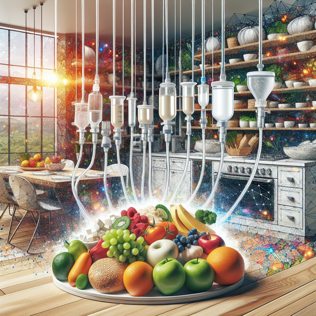 Generate an engaging and illustrative image showing a health-focused environment. Picture a detailed scene of a contemporary kitchen stocked with a wide variety of nutrient-rich foods such as fresh fruits, vegetables, lean meats, and whole grains. There is also a neatly arranged, pristine white table on the side displaying a collection of different styles of feeding tubes, sterile and glistening in the light. These medical devices illustrate the intersection of medical intervention and nutritional science. Overlay this reality-focused depiction with an abstract layer of positive energy radiating from the tubes to symbolize their crucial and life-changing impact in the management of ALS (Amyotrophic lateral sclerosis).