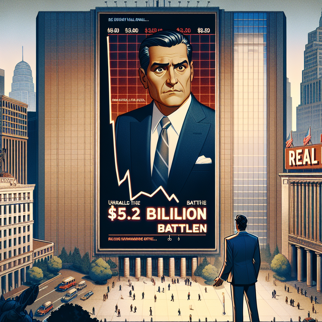 An illustration showcasing a CEO, a Hispanic man in a polished suit, standing in front of giant digital board displaying a huge negative fiscal downturn with a shocked expression. The backdrop is a skyline of a bustling city, and towards the right of the image, embossed on a grand building are the words 'REAL WATER'. A caption below this scene reads 'Unraveling the $5.2 Billion Battle'.