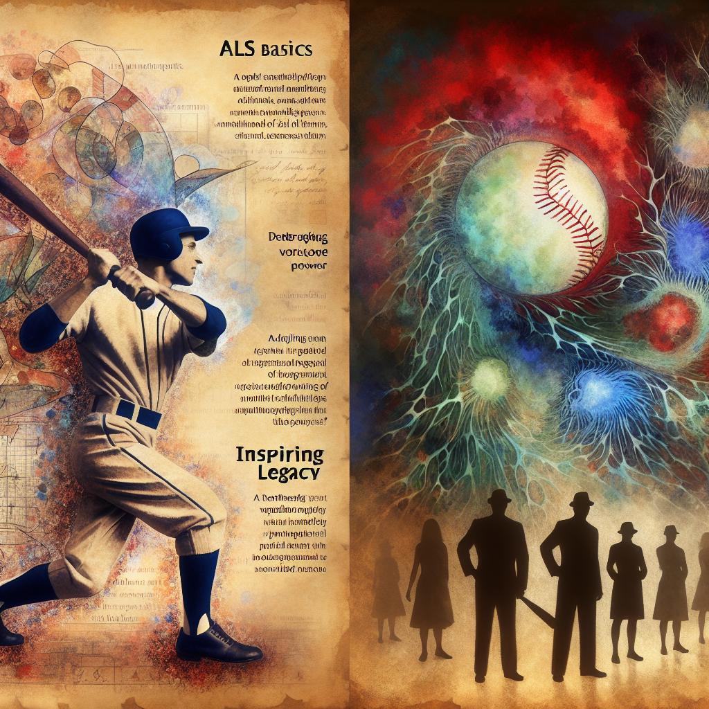 An abstract mix of joy and heartbreak illustrated through visual metaphors. On one side, portray the spirit of a hardworking adult man, determined and powerful, donning an old-style baseball player's uniform, swinging an imaginary home run. On the other side, blend in the depiction of a complex, voracious microscopic world signifying the degenerative nature of ALS, done in a way that it transforms into silhouettes of people standing united and hopeful. Spread across the image, include snippets of text such as 'ALS Basics' and 'Inspiring Legacy'. With a teaser phrase on a piece of vintage parchment reading - 'A Heartbreaking Yet Inspiring Legacy'.