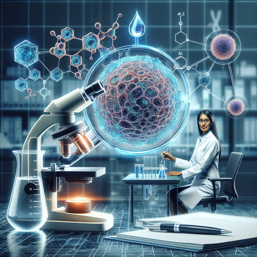A detailed digital illustration that encapsulates the theme of research into the role of water in ALS etiology. The focus should be an elegant merger of scientific elements and water. In one part of the image, depict a stylized version of an ALS disease cell under a microscope. Connected to this, show a symbol of clean water, such as a water molecule structure. Display these elements inside a laboratory setting with a female South Asian scientist in a white lab coat, studying these elements. Keep the elements connected, implying the relationship between them. In the background, subtly suggest the figure that resembles a non-specific CEO, perhaps through an office window overseeing the laboratory.