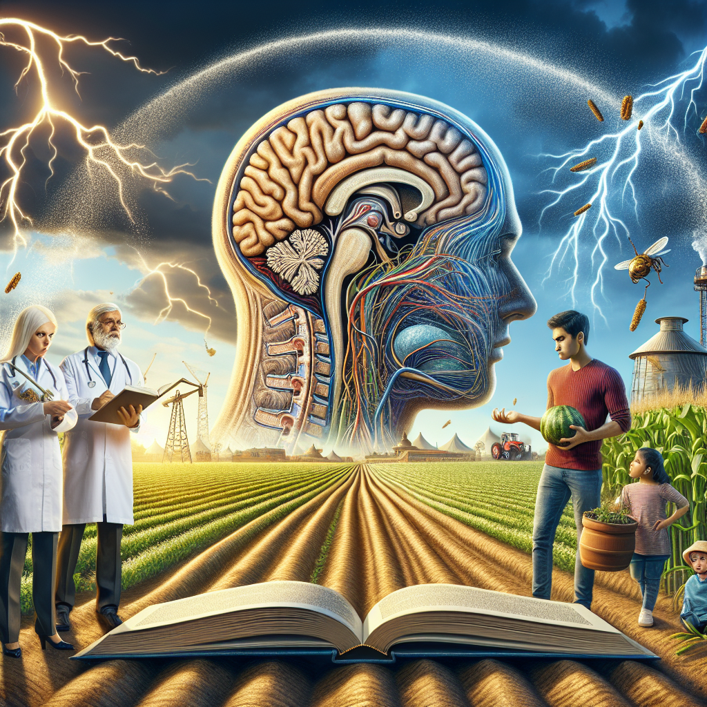 An impactful interpretation of a field being sprayed with pesticides, visible droplets caught in the sunlight. In the foreground, there's an open textbook displaying an anatomical illustration of the nervous system, symbolizing ALS. Nearby, there's an indirect drawn connection between the field and the textbook. Middle Eastern female scientist, Caucasian male farmer and South Asian child can be seen expressing concern. They're looking at the field, holding a discussion illustrating the risks related to pesticides runoff. In the sky, a shocking bolt of lightning strikes, metaphorically illustrating the shocking truth about ALS risk.